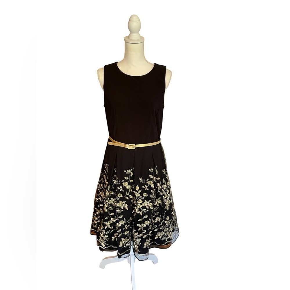 R&K Original Black Gold Embroidered Dress Size 10 Women Sleeveless Fit & Flare
